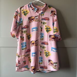 Cotton & Co Men Pink Short Sleeve Hawaiian Shirt Aloha Map Landmarks Oahu‎ Sz XL